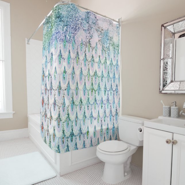 Iridescent teal Glitter Mermaid Fish Scales Shower Curtain (In Situ)