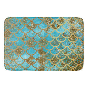 Iridescent Teal Gold Glitter  Mermaid Fish Scales Bath Mat
