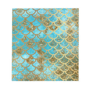 Iridescent Teal Gold Glitter Mermaid Fish Scales Notepad