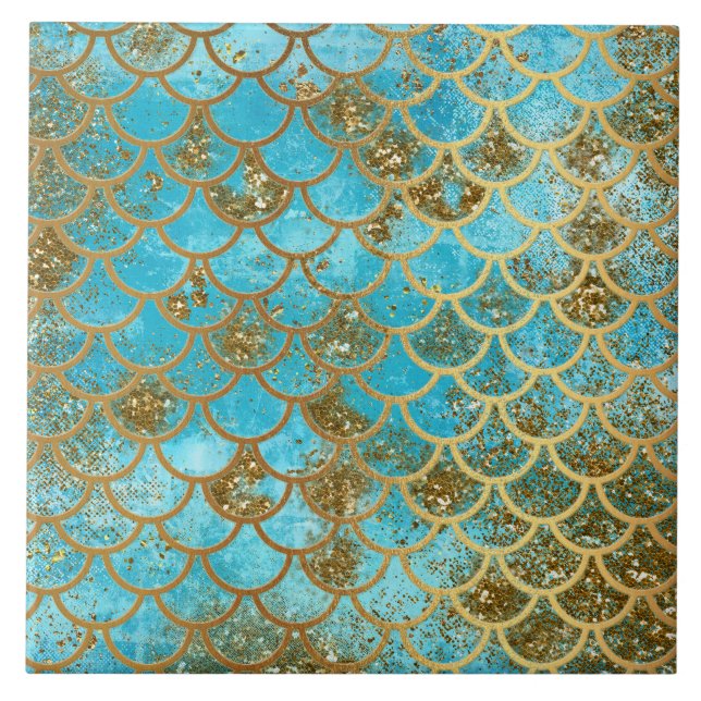 Iridescent Teal Gold Glitter  Mermaid Fish Scales Tile (Front)