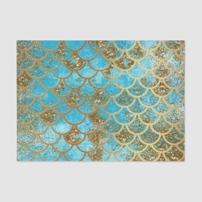 Iridescent Teal Gold Glitter  Mermaid Fish Scales Tissue Paper (Front)