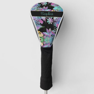 Iridescent Tropical Leaves, DIY Teal Name, Black Golf Head Cover