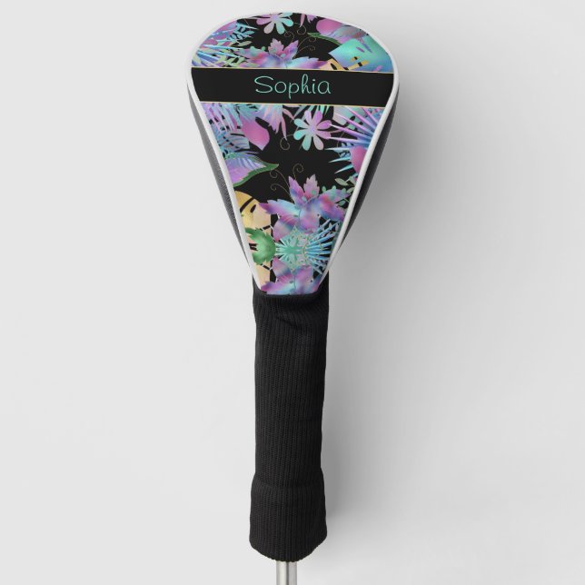 Iridescent Tropical Leaves, DIY Teal Name, Black Golf Head Cover (Front)