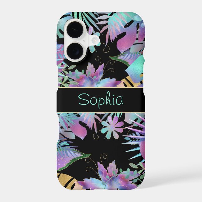 Iridescent Tropical Leaves, DIY Teal Name, Black iPhone Case (Back)