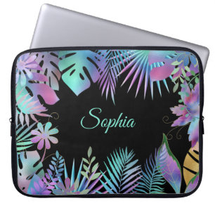 Iridescent Tropical Leaves, DIY Teal Name, Black Laptop Sleeve