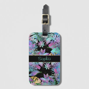 Iridescent Tropical Leaves, DIY Teal Name, Black Luggage Tag