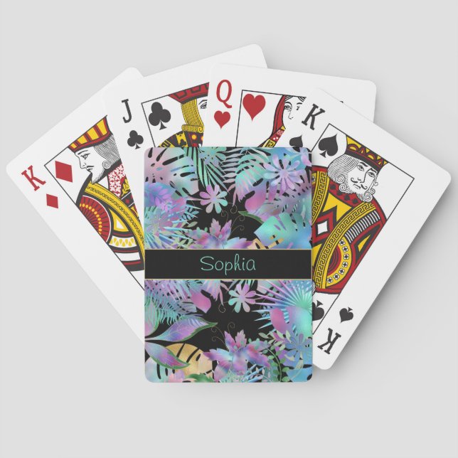 Iridescent Tropical Leaves, DIY Teal Name, Black Playing Cards (Back)