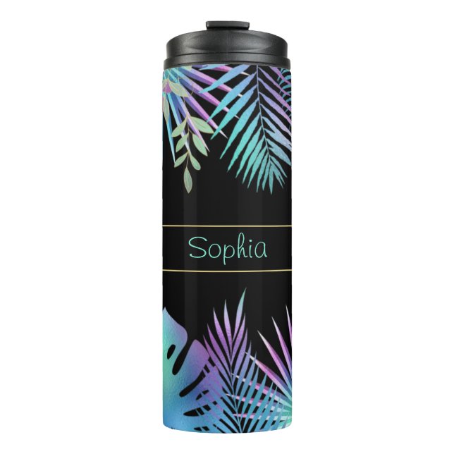 Iridescent Tropical Leaves, DIY Teal Name, Black Thermal Tumbler (Front)