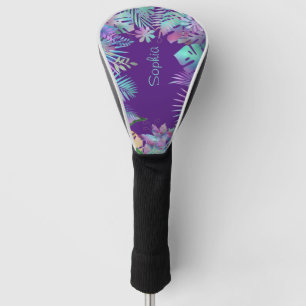 Iridescent Tropical Leaves, DIY Teal Name, Purple Golf Head Cover