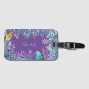 Iridescent Tropical Leaves, DIY Teal Name, Purple Luggage Tag