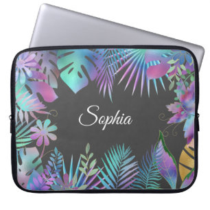 Iridescent Tropical Leaves DIY White Name, Dk Grey Laptop Sleeve