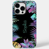 Iridescent Tropical Leaves, Light Teal Name, Black