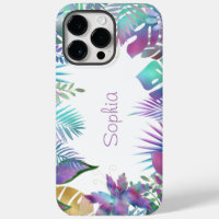 Iridescent Tropical Leaves, Purple Name, White