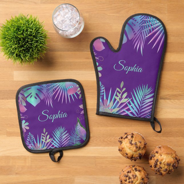 Iridescent Tropical Leaves, Teal Name on Purple Oven Mitt & Pot Holder Set (Top Down)