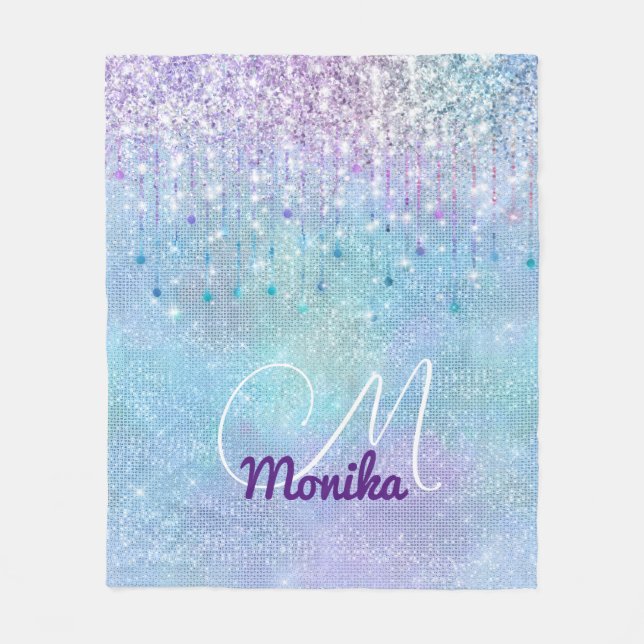 Iridescent Turquoise Silver Faux Glitter Monogram Fleece Blanket (Front)