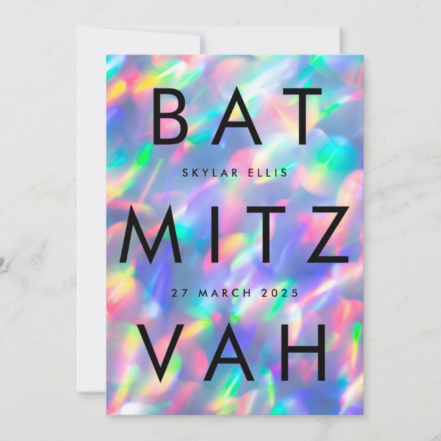 Iridescent Ultra Modern bat mitzvah QR CODE RSVP Invitation (Front)
