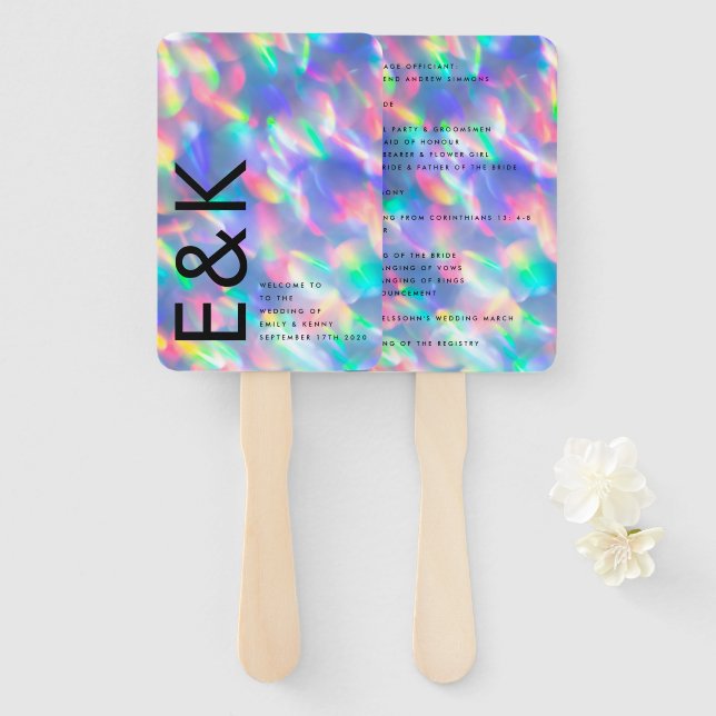 Iridescent Ultra Modern Monogram Wedding Hand Fan (Front and Back)