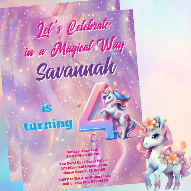 Iridescent Unicorn Girl 4th Birthday Party Invitation (Magical Unicorn Birthday Party Invitation)
