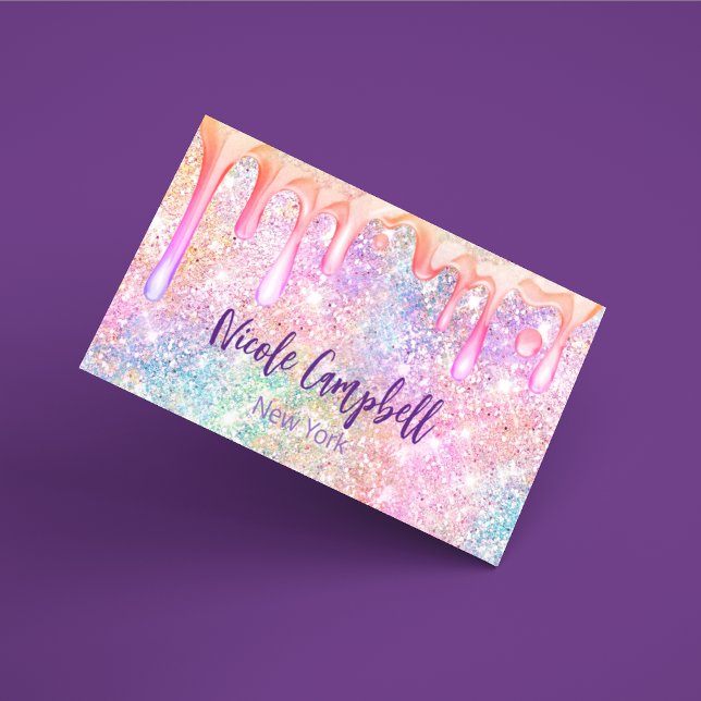 Iridescent unicorn pink faux glitter drip magnetic business card (Creator Uploaded)