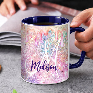 Iridescent unicorn pink faux glitter drip monogram mug