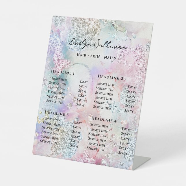 Iridescent watercolor price list pedestal sign (Front)