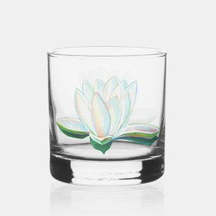 Iridescent White Lotus Illustration   Whiskey Glass