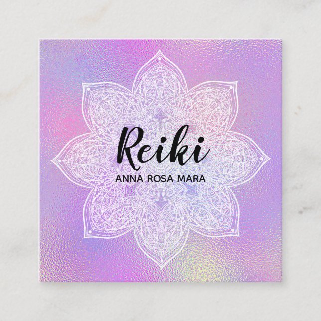 *~* Iridescent White Mandala Pastel Lavender Square Business Card (Front)