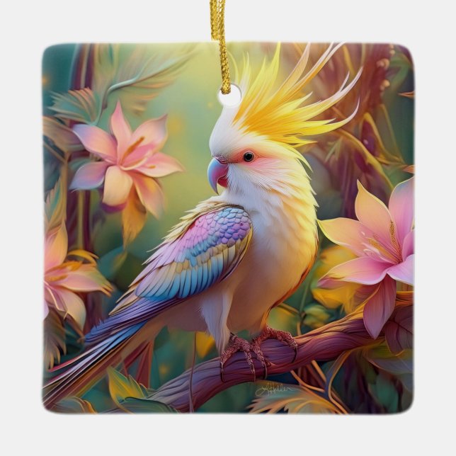Iridescent Wing Cockatiel Fantasy Bird Ceramic Ornament (Front)