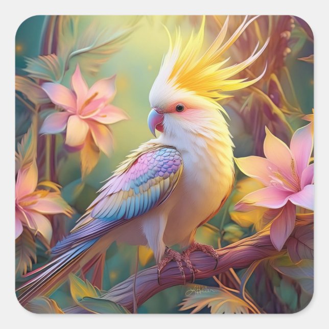 Iridescent Wing Cockatiel Fantasy Bird Square Sticker (Front)
