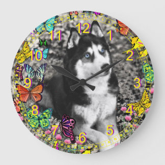 Irie the Siberian Husky in Butterflies II Large Clock
