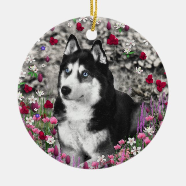 Irie the Siberian Husky in Flowers Ceramic Tree Decoration (Front)