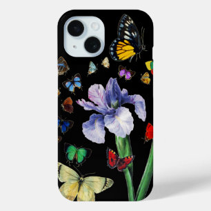IRIS AMONG COLORFUL BUTTERFLIES Black Floral iPhone 15 Case