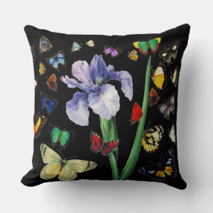 IRIS AMONG COLORFUL BUTTERFLIES Black Floral Cushion