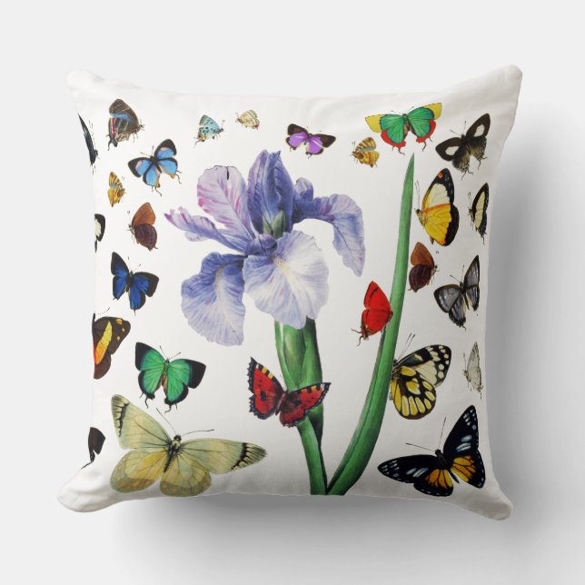 IRIS AMONG COLORFUL BUTTERFLIES White Floral Cushion (Front)