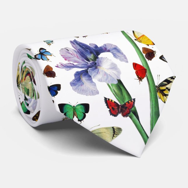 IRIS AMONG COLORFUL BUTTERFLIES White Floral Tie (Rolled)