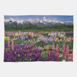 Iris and Lupine garden and Teton Range, Tea Towel