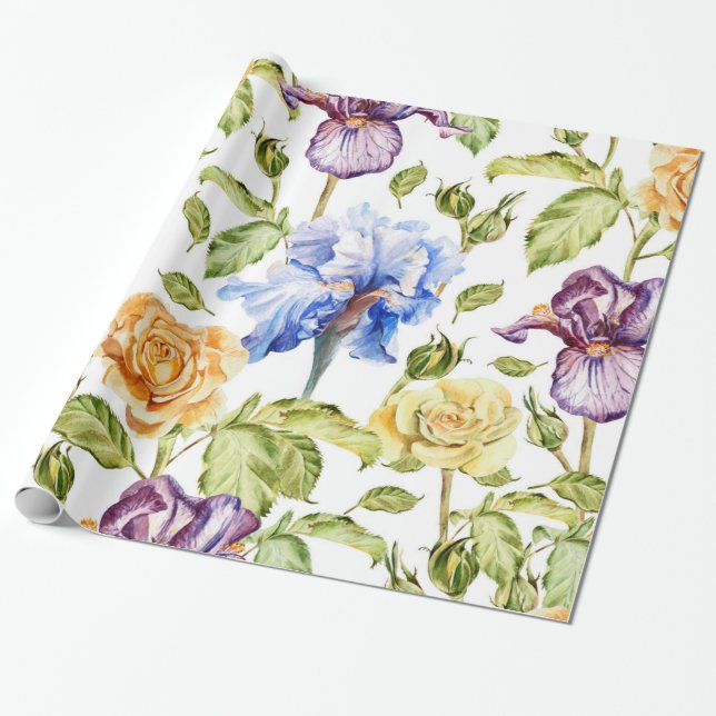 Iris and roses watercolor floral pattern wrapping paper (Unrolled)