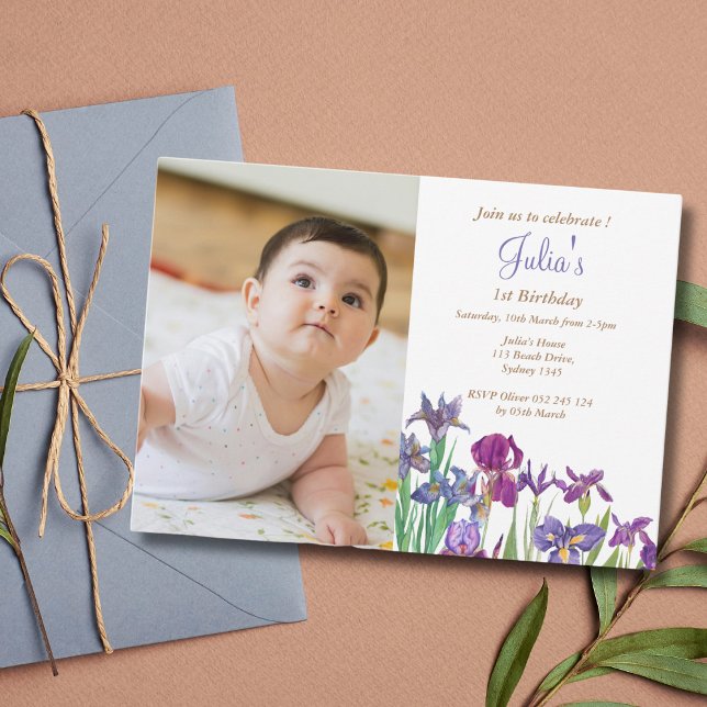 Iris Baby girl 1st birthday photo Invitation (Creator Uploaded)