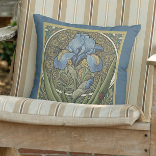 Iris Bleu French Style Art Nouveau Blue Irises Cushion