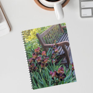 Iris Blooms and Garden Park Bench Floral Notebook