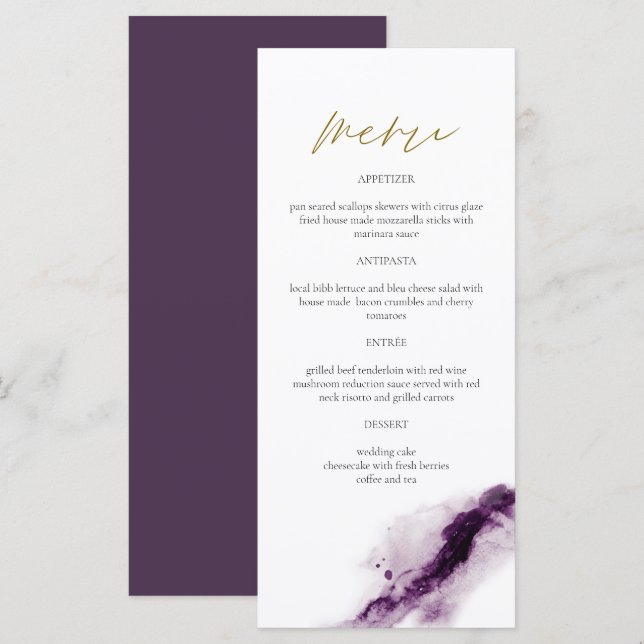 IRIS | Boho Plum Purple Gold Splash Menu Card (Front/Back)