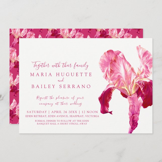Iris botanical art red pink wedding invitations (Front/Back)