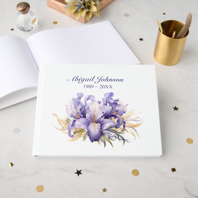 Iris Bouquet for Memorial Service Guest Book (Front Open)