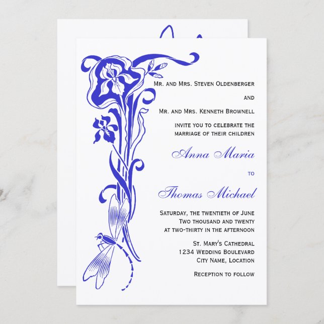 Iris & Dragonfly Royal Blue Wedding Invitation (Front/Back)
