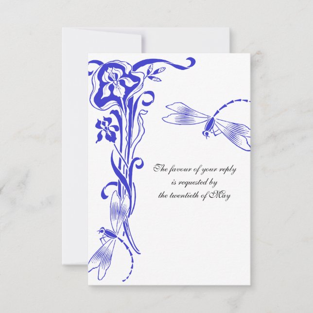 Iris & Dragonfly Royal Blue Wedding Reply RSVP Card (Front)