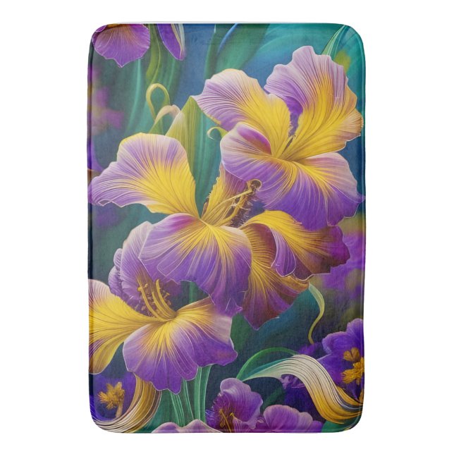 Iris Floral Purple and gold blue green leaves Bath Mat (Front Vertical)