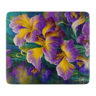 Iris Floral Purple and gold blue green leaves Cutting Board