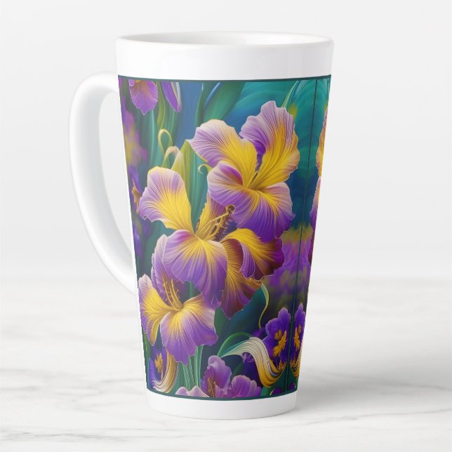 Iris Floral Purple and gold blue green leaves Latte Mug (Left Angle)