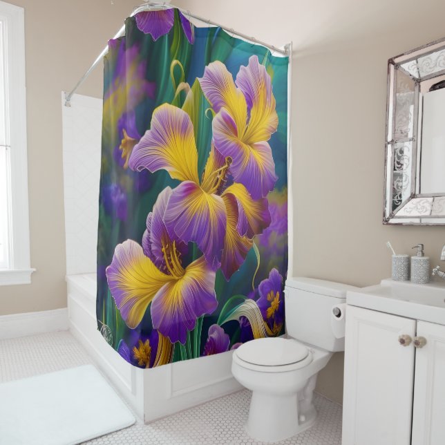 Iris Floral Purple and gold blue green leaves Shower Curtain (In Situ)