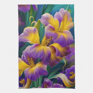 Iris Floral Purple and gold blue green leaves Tea Towel